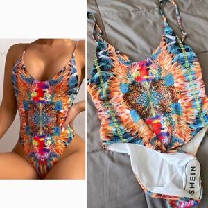 Shein One Piece High Leg psychedelic Swimsuit